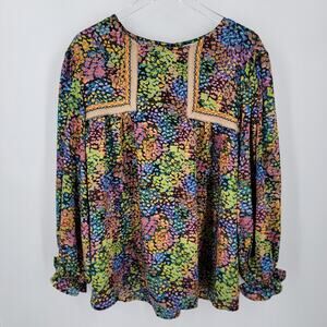 It's Blouse Womens 2X Floral Colorful Embroidered Button Back Ruffle Sleeve Cuff